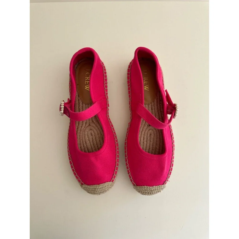 J.Crew Mary Jane Hot Pink Pearl Buckle Espadrille Flats